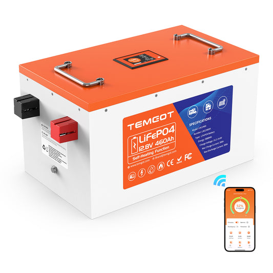 Temgot LiFePO4 12V 460Ah 5888Wh Self-Heating Battery with Touchable LCD Screen, Built-in 300A BMS & Bluetooth, 5000+ Cycles, Perfect for RVs, Yacht, Marine, Boat, UPS, Home Energy CA