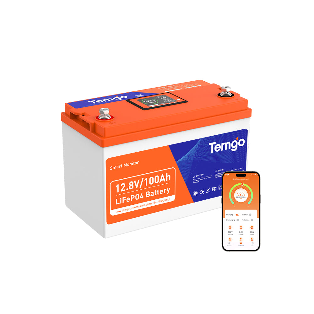 Temgo LiFePO4 12V 100Ah 1280Wh Self-Heating Battery with Touchable LCD Screen, Built-in 100A BMS & Bluetooth, 5000+ Cycles, Ideal for RVs & Campers, Marine, Solar, Off-Grid CA