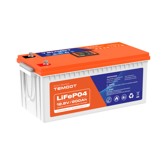 Temgo LiFePO4 12V 200Ah 2560Wh Battery with Touchable LCD Screen, Built-in 200A BMS & Bluetooth, 5000+ Cycles, Ideal for: RVs & Campers, Marine, Off-Grid Systems, Server Rack