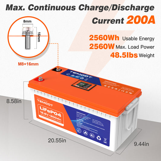 Temgo LiFePO4 12V 200Ah 2560Wh Battery with Touchable LCD Screen, Built-in 200A BMS & Bluetooth, 5000+ Cycles, Ideal for: RVs & Campers, Marine, Off-Grid Systems, Server Rack
