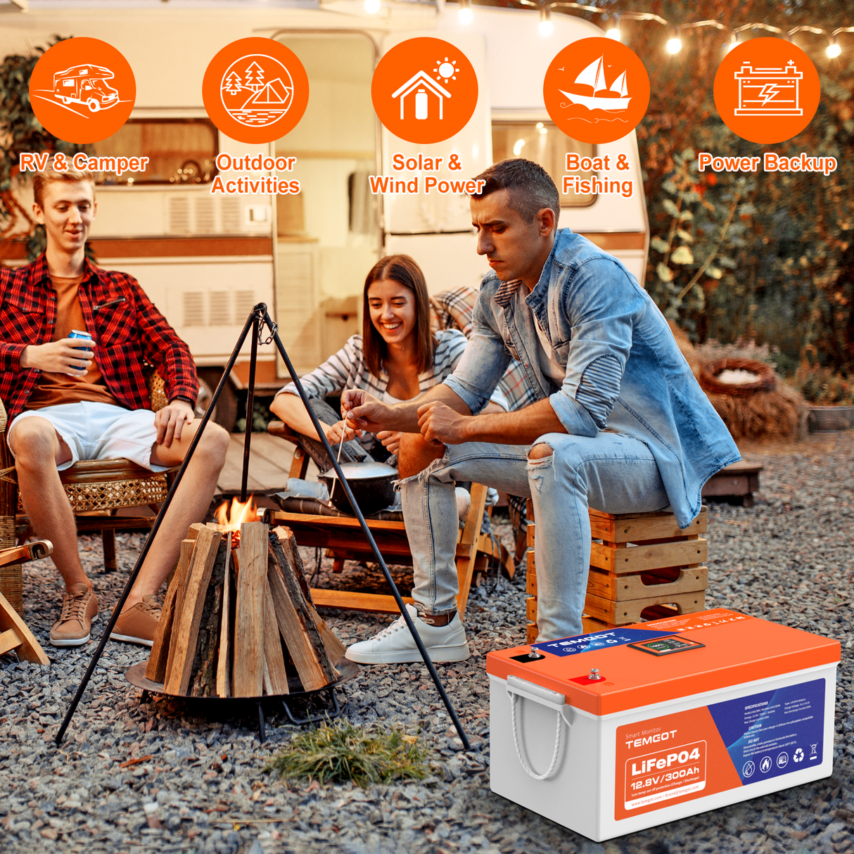 Temgo LiFePO4 12V 300Ah 3840Wh Battery with Touchable LCD Screen, Built-in 200A BMS & Bluetooth, 5000+ Cycles, Perfect for RV, Trailer, Camper, Motorhomes, Off Grid, Trolling Motor