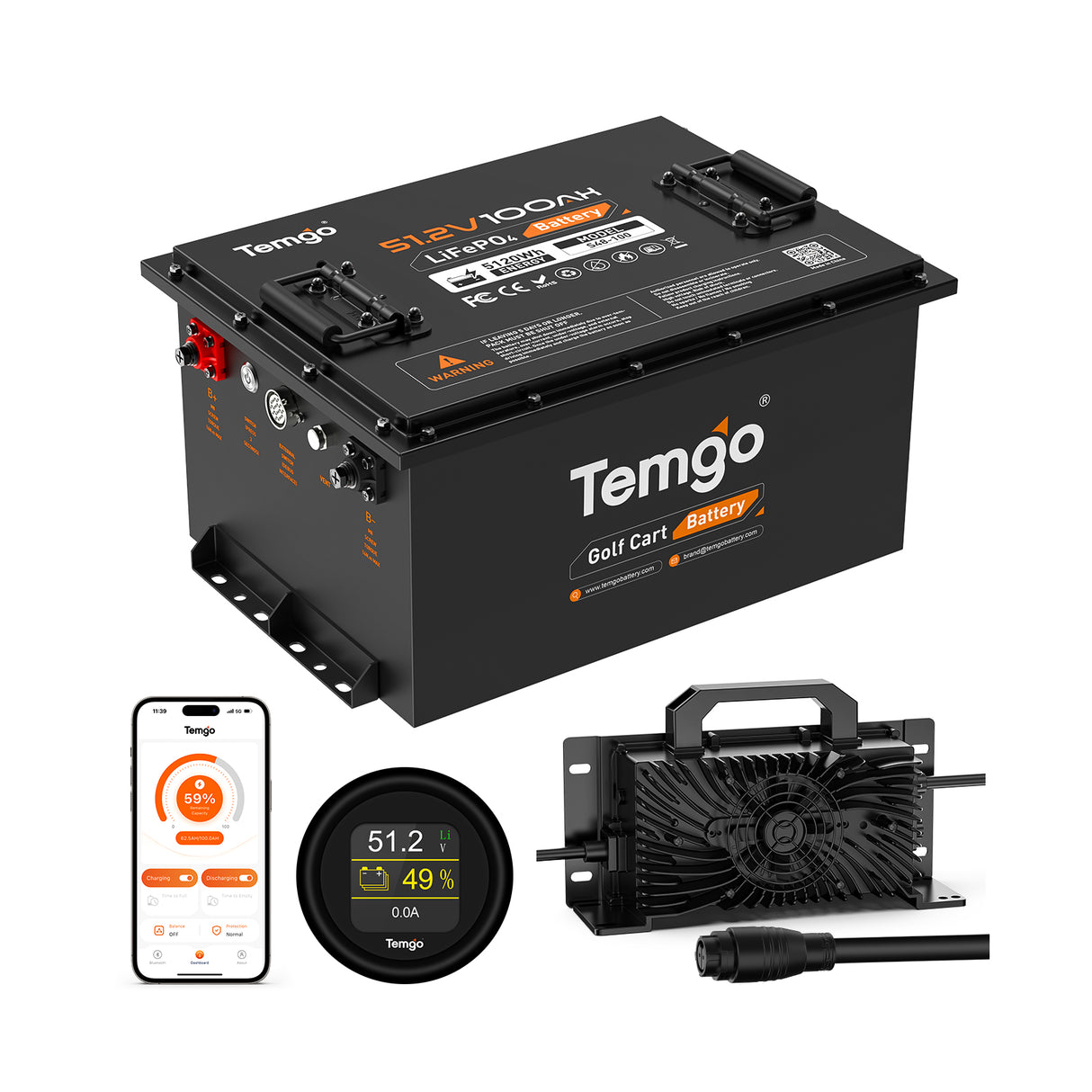Temgo 48V 100Ah Lithium Golf Cart Battery Conversion Kit with Bluetooth APP, SPCC casing