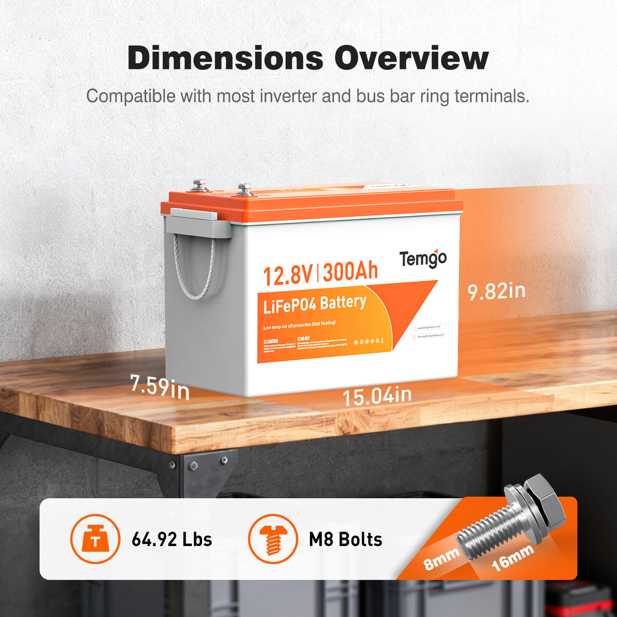 Dimensions of Temgo 12V 300Ah heated lithium battery