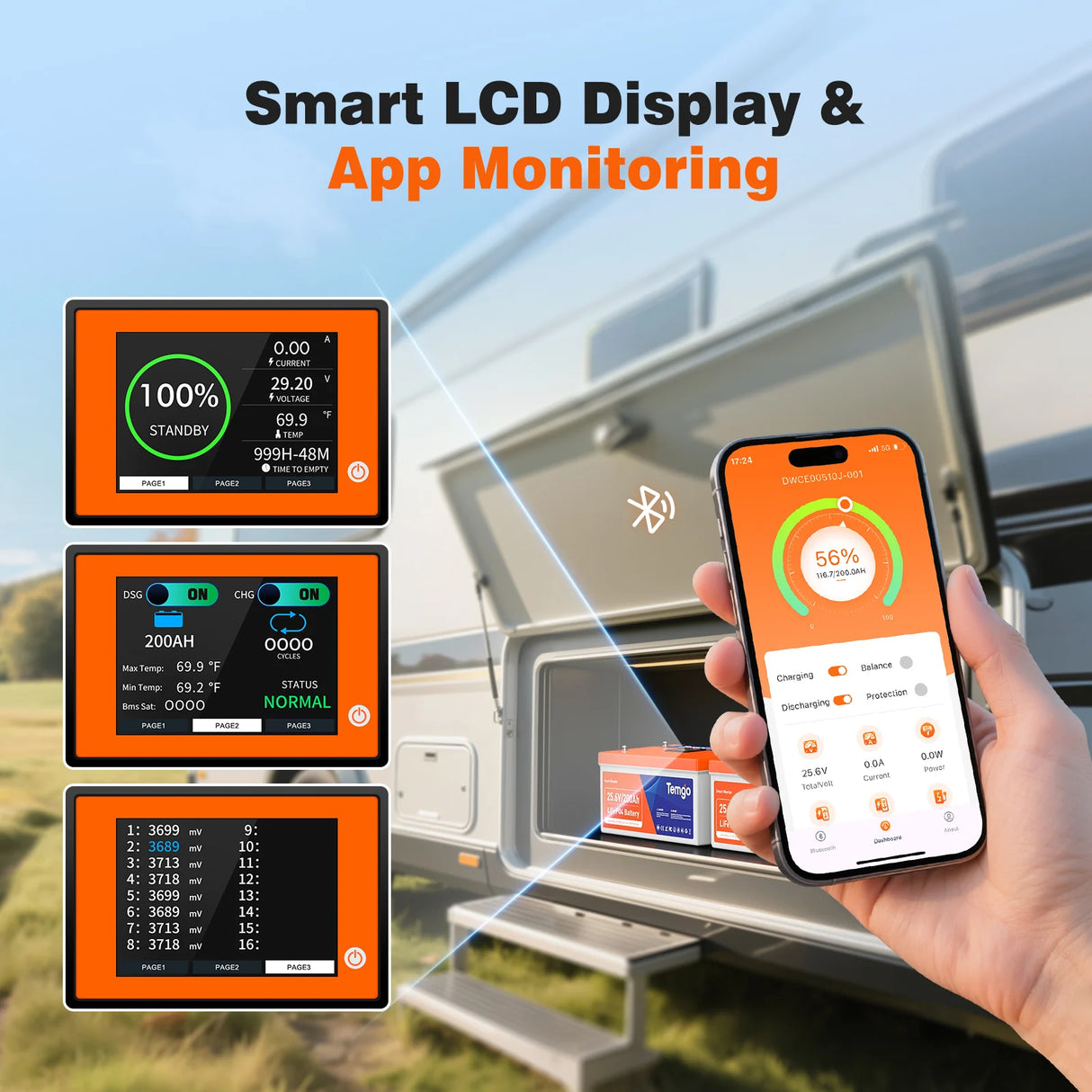 Temgo 24V 200Ah Heated Lithium Battery Self-Heating, LCD Screen Display, Bluetooth &App, Low-Temp Protection, Built-in 200A BMS, 5120Wh Energy, 5000+ Cycles for RV, Camper, Trolling Motors, Off-Grid