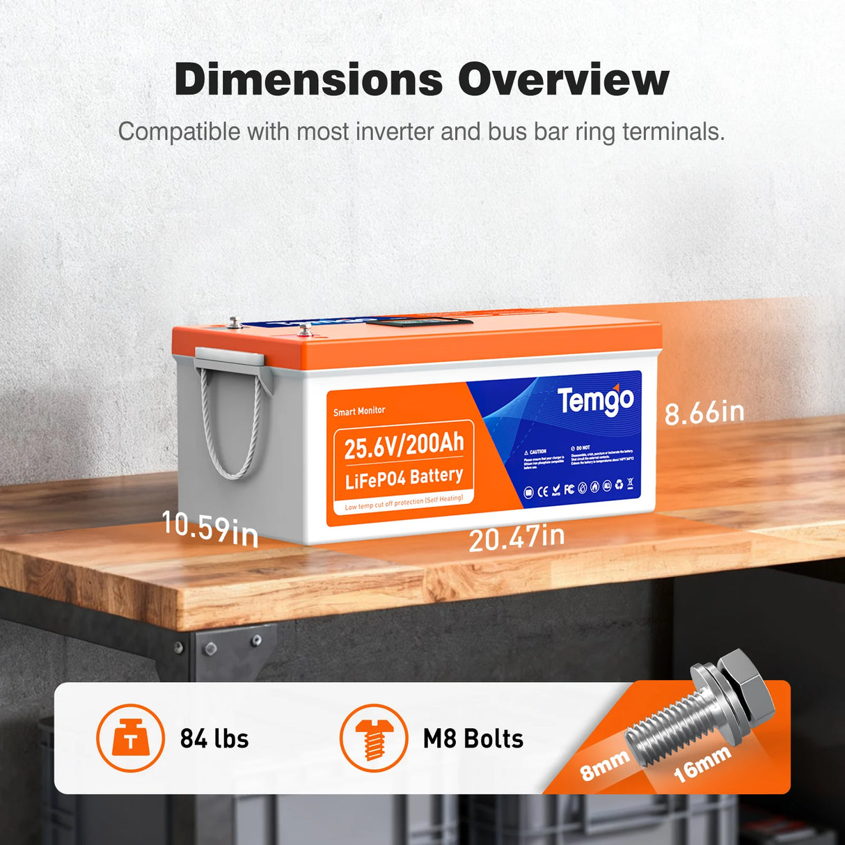 Temgo 24V 200Ah Heated Lithium Battery Self-Heating, LCD Screen Display, Bluetooth &App, Low-Temp Protection, Built-in 200A BMS, 5120Wh Energy, 5000+ Cycles for RV, Camper, Trolling Motors, Off-Grid