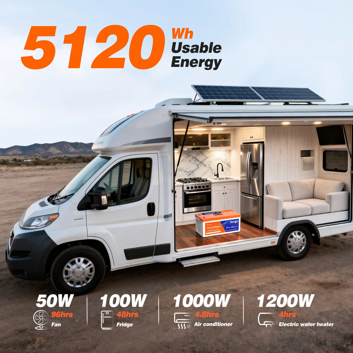 Temgo 24V 200Ah Heated Lithium Battery Self-Heating, LCD Screen Display, Bluetooth &App, Low-Temp Protection, Built-in 200A BMS, 5120Wh Energy, 5000+ Cycles for RV, Camper, Trolling Motors, Off-Grid