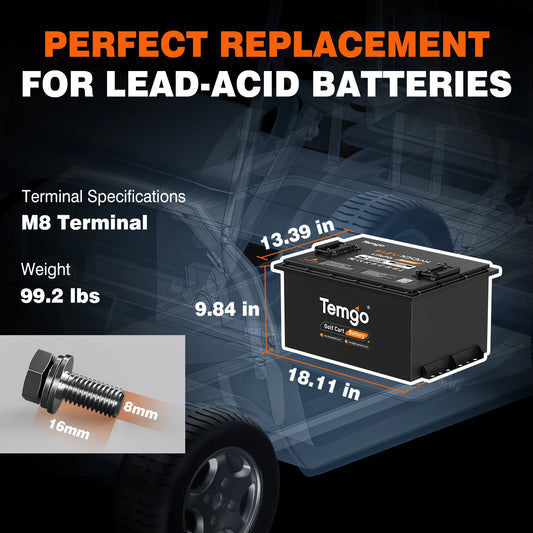 Temgo 48V 100Ah 5.12kWh Lithium Golf Cart Battery with SOC Indicator Display, Built-in 200A BMS & Bluetooth, 5000+ Cycles & IP67, 16S1P