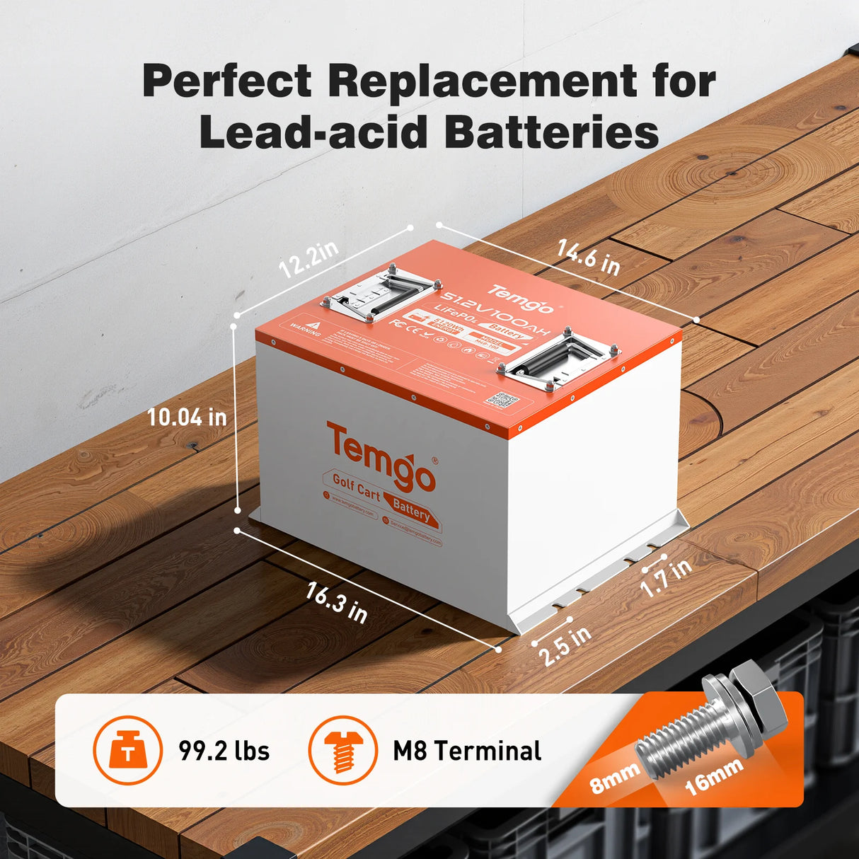 Temgo 48V 100Ah 5.12kWh Lithium Golf Cart Battery with SOC Indicator Display, Built-in 200A BMS & Bluetooth, 5000+ Cycles & IP67, 16S1P