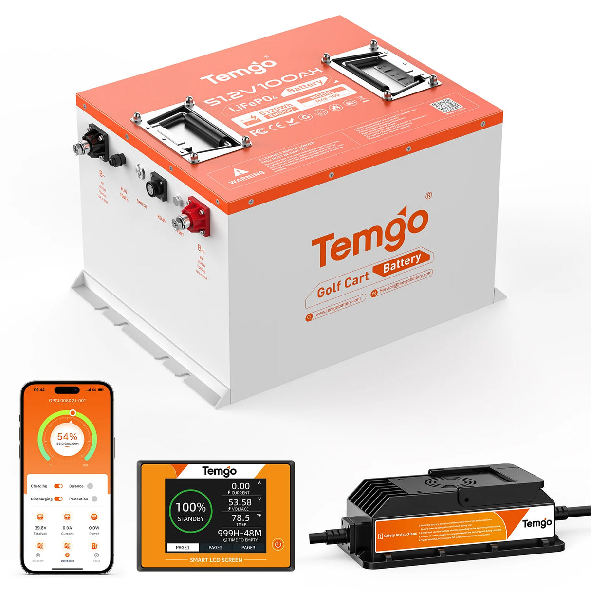 Temgo 48V 100Ah 5.12kWh Lithium Golf Cart Battery with SOC Indicator Display, Built-in 200A BMS & Bluetooth, 5000+ Cycles & IP67, 16S1P