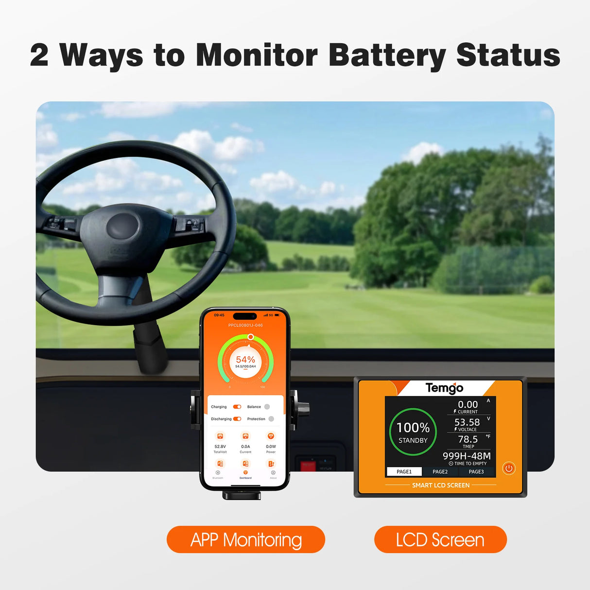 Temgo 48V 100Ah 5.12kWh Lithium Golf Cart Battery with SOC Indicator Display, Built-in 200A BMS & Bluetooth, 5000+ Cycles & IP67, 16S1P