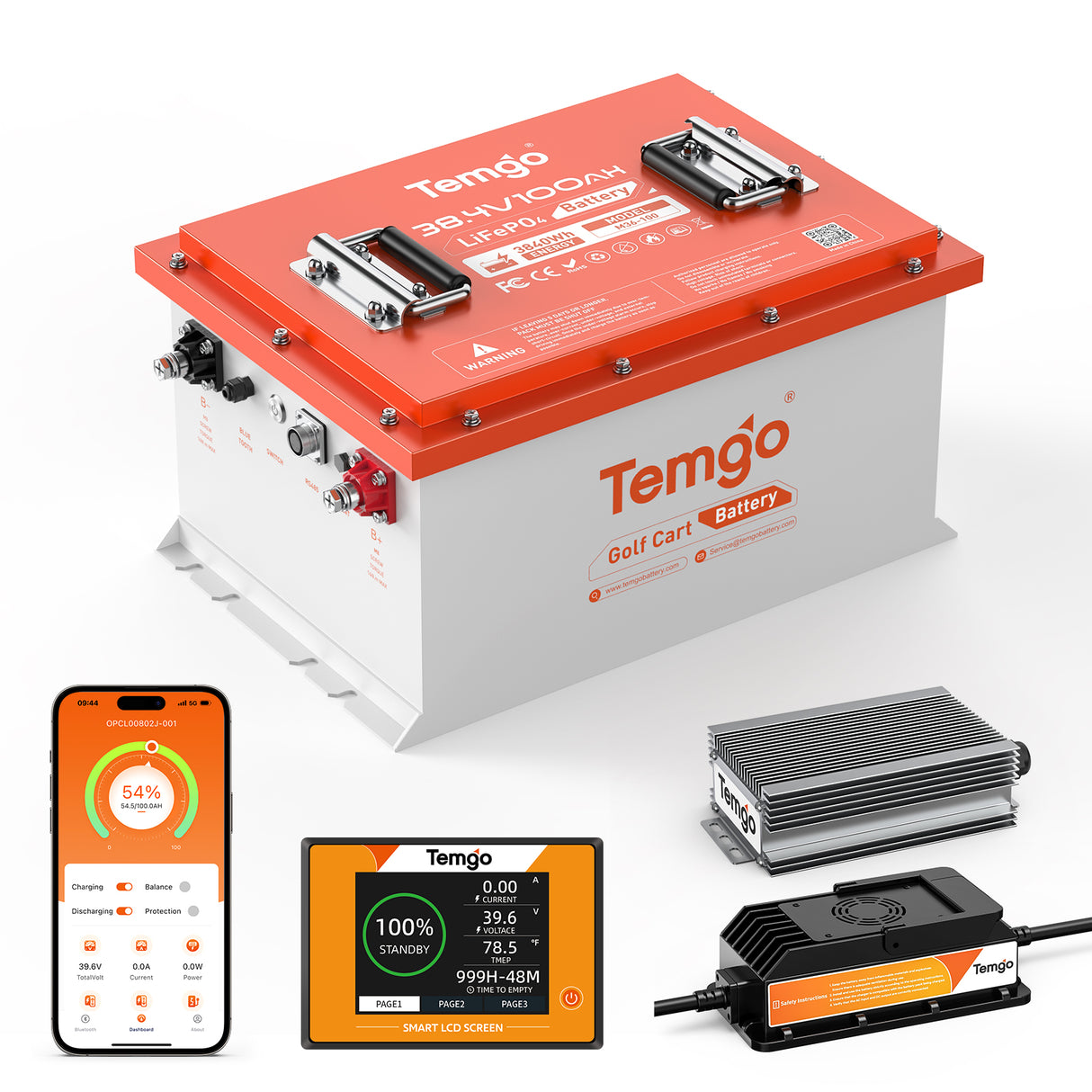 Temgo 36V 100Ah Lithium Golf Cart Battery with Bluetooth APP & Touch Screen Display