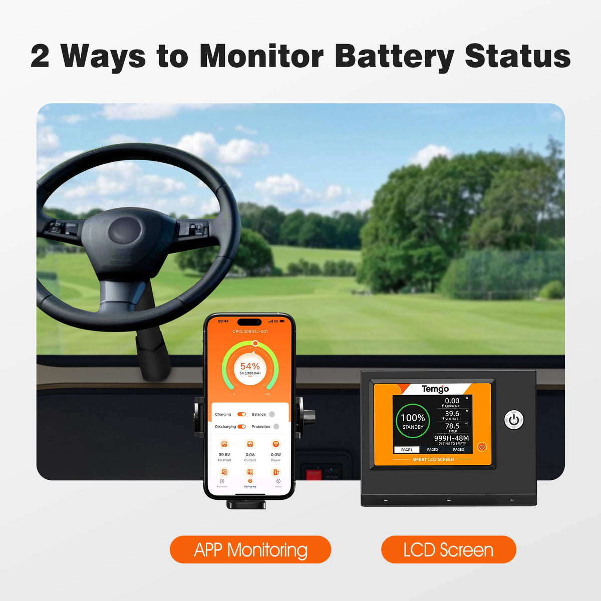 36V 100Ah Lithium Golf Cart Battery of Temgo 2 ways to monitor battery status