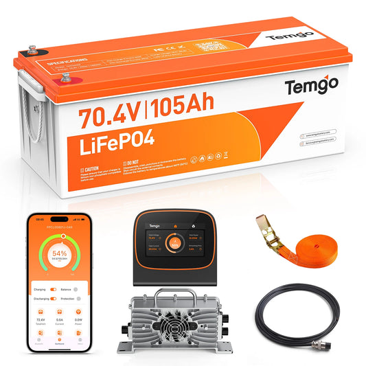 Temgo 72V 105Ah Lithium Golf Cart Battery, Complete Upgrade Kit with 78.1V 15A Charger, LCD Display & Bluetooth App, Built-in 200A Smart BMS, Max 14.08kW Output