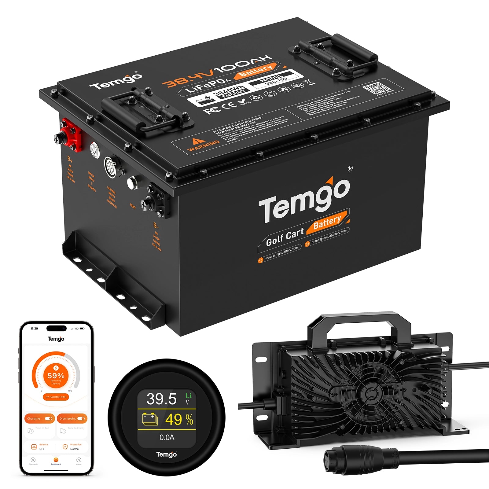 Temgo 36V 100Ah 3.84kWh Lithium Golf Cart Battery with SOC Indicator Display, Built-in 200A BMS & Bluetooth, 4000+ Cycles & IP67, 12S1P Temgo 36V 100Ah 3.84kWh Lithium Golf Cart Battery with SOC Indicator Display, Built-in 200A BMS & Bluetooth, 4000+ Cycles & IP67, 12S1P