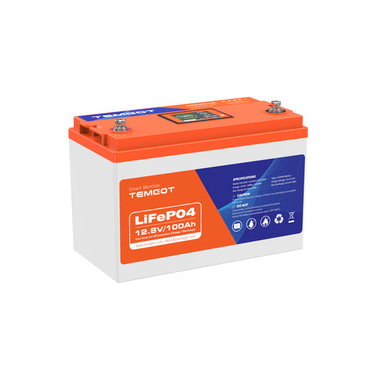 Temgot LiFePO4 12V 100Ah 1280Wh Battery with Touchable LCD Screen, Built-in 100A BMS & Bluetooth, 5000+ Cycles, Ideal for RVs & Trailers, Trolling Motors, Home Energy, UPS Backup