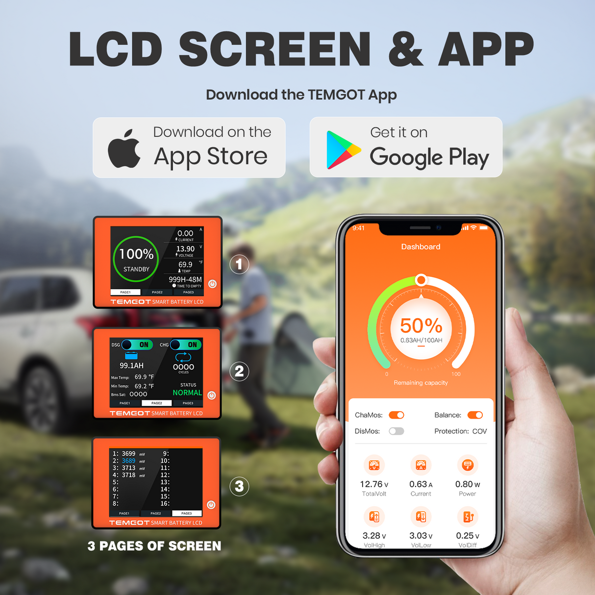 12V 100Ah Group 24 Battery with touchable screen and Bluetooth APP