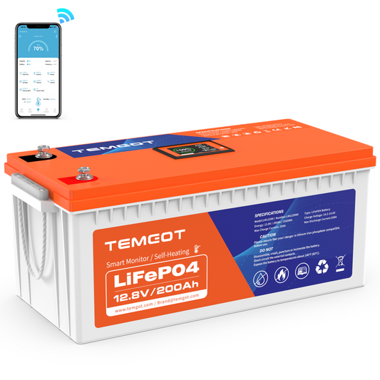 Temgot LiFePO4 12V 200Ah 2560Wh Self-Heating Battery with Touchable LCD Screen, Built-in 200A BMS & Bluetooth, 5000+ Cycles, Ideal for RVs & Campers, Trolling Motors, Solar & UPS Backup