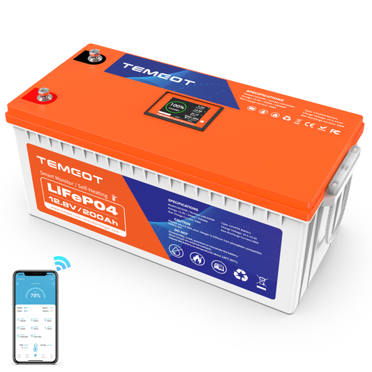 Temgot LiFePO4 12V 200Ah 2560Wh Self-Heating Battery with Touchable LCD Screen, Built-in 200A BMS & Bluetooth, 5000+ Cycles, Ideal for RVs & Campers, Trolling Motors, Solar & UPS Backup
