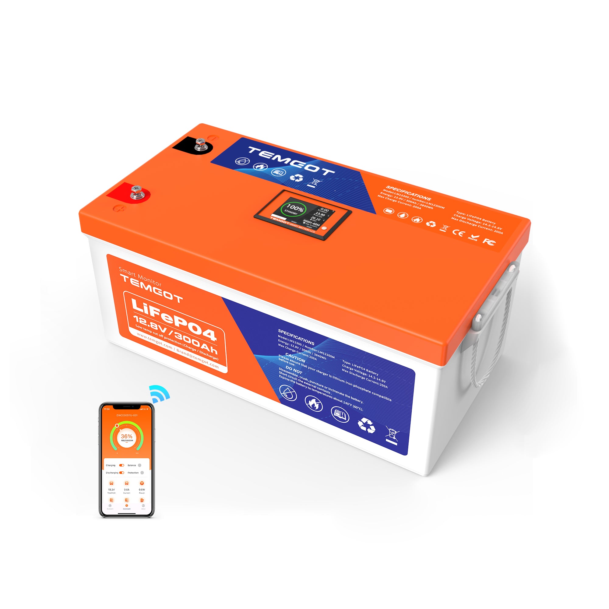 Temgot LiFePO4 12V 300Ah 3840Wh Self-Heating Battery with Touchable LCD Screen, Built-in 200A BMS & Bluetooth, 5000+ Cycles, Perfect for RVs, Motorhomes, Off Grid, Trailer & Camper