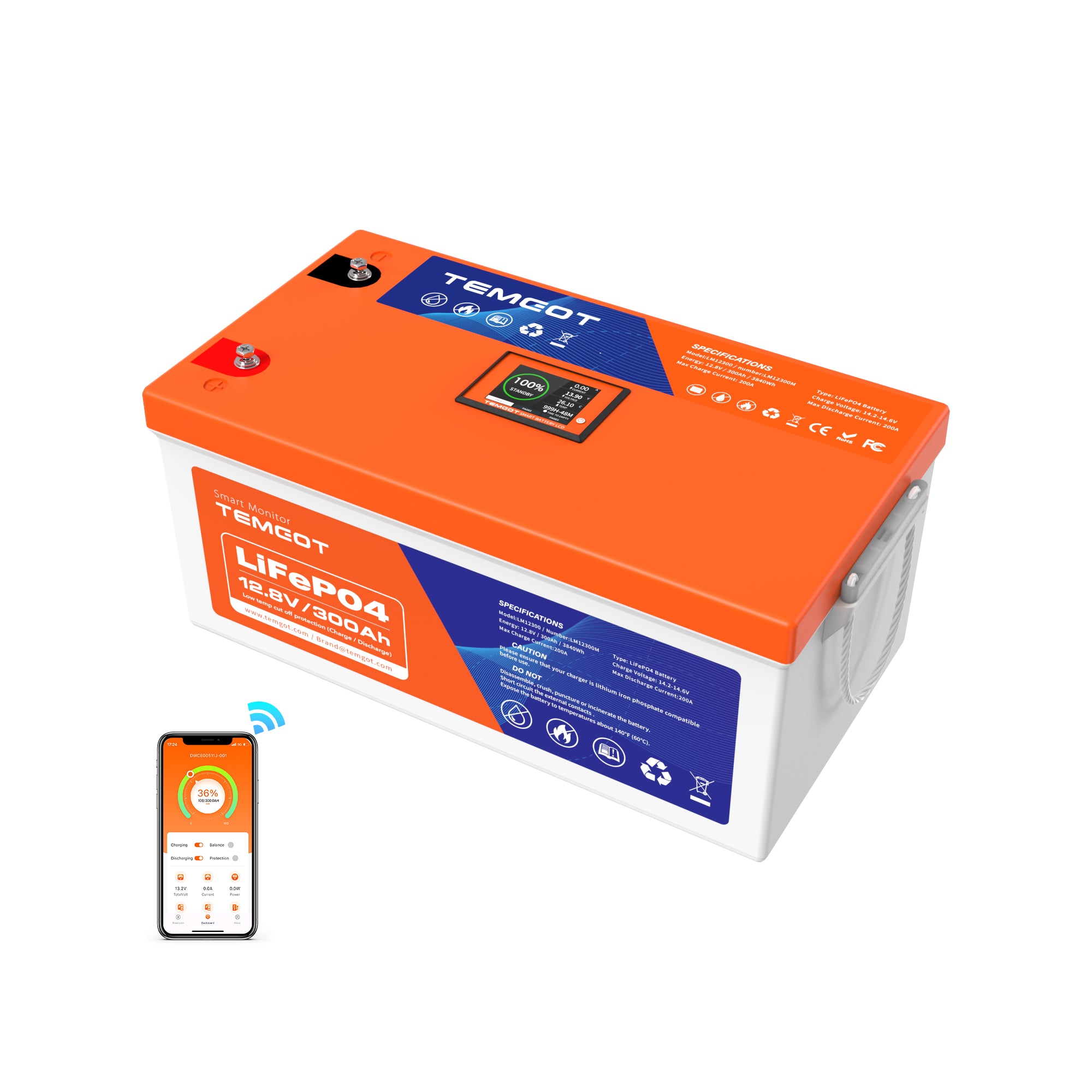 Temgot LiFePO4 12V 300Ah 3840Wh Battery with Touchable LCD Screen, Built-in 200A BMS & Bluetooth, 5000+ Cycles, Perfect for RV, Trailer, Camper, Motorhomes, Off Grid, Trolling Motor