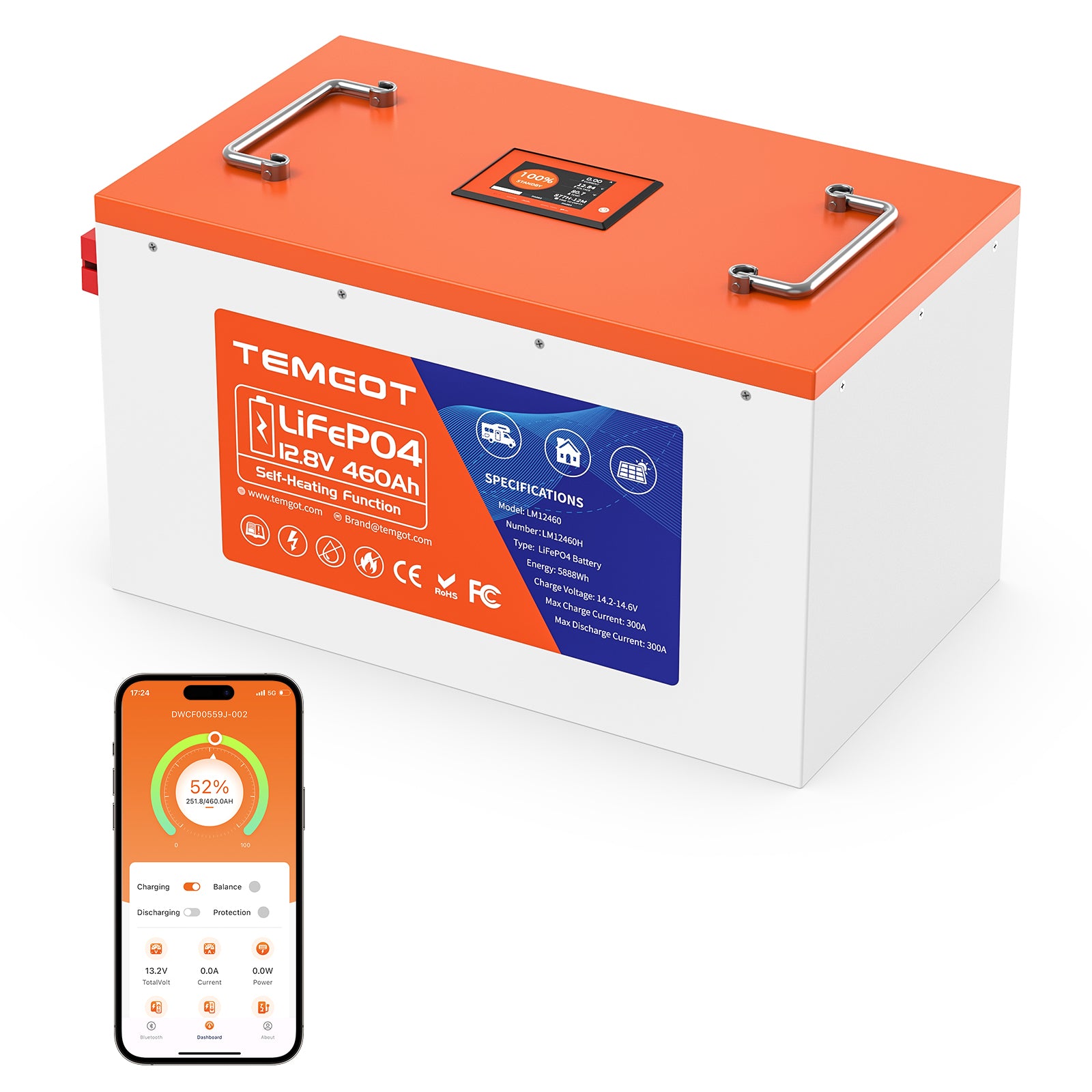 Temgot LiFePO4 12V 460Ah 5888Wh Self-Heating Battery with Touchable LCD Screen, Built-in 300A BMS & Bluetooth, 5000+ Cycles, Perfect for RVs, Yacht, Marine, Boat, UPS, Home Energy