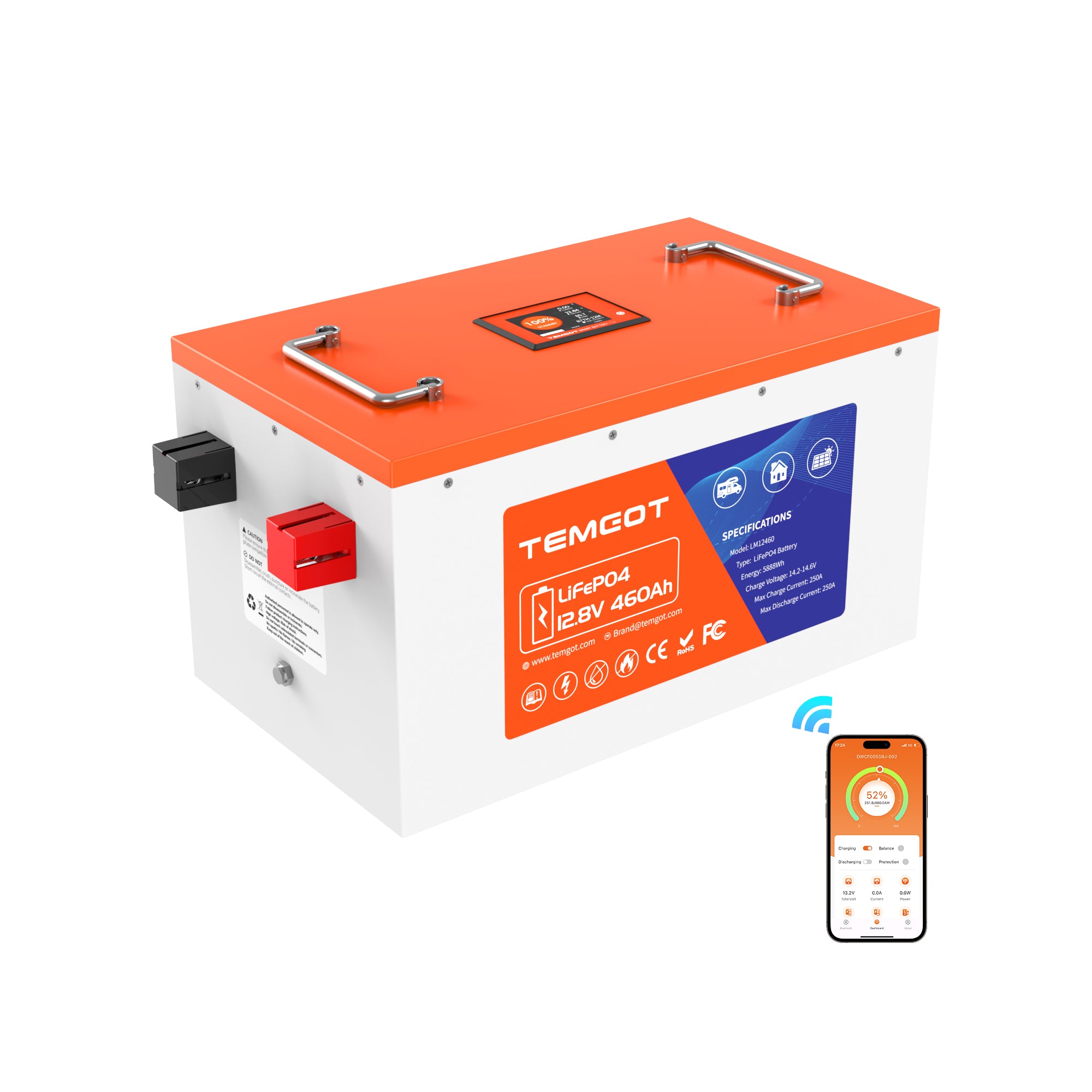 Temgot LiFePO4 12V 460Ah 5888Wh Battery with Touchable LCD Screen, Built-in 250A BMS & Bluetooth, 5000+ Cycles, Perfect for RVs, Yacht, Marine, Boat, Home Energy, Server Rack