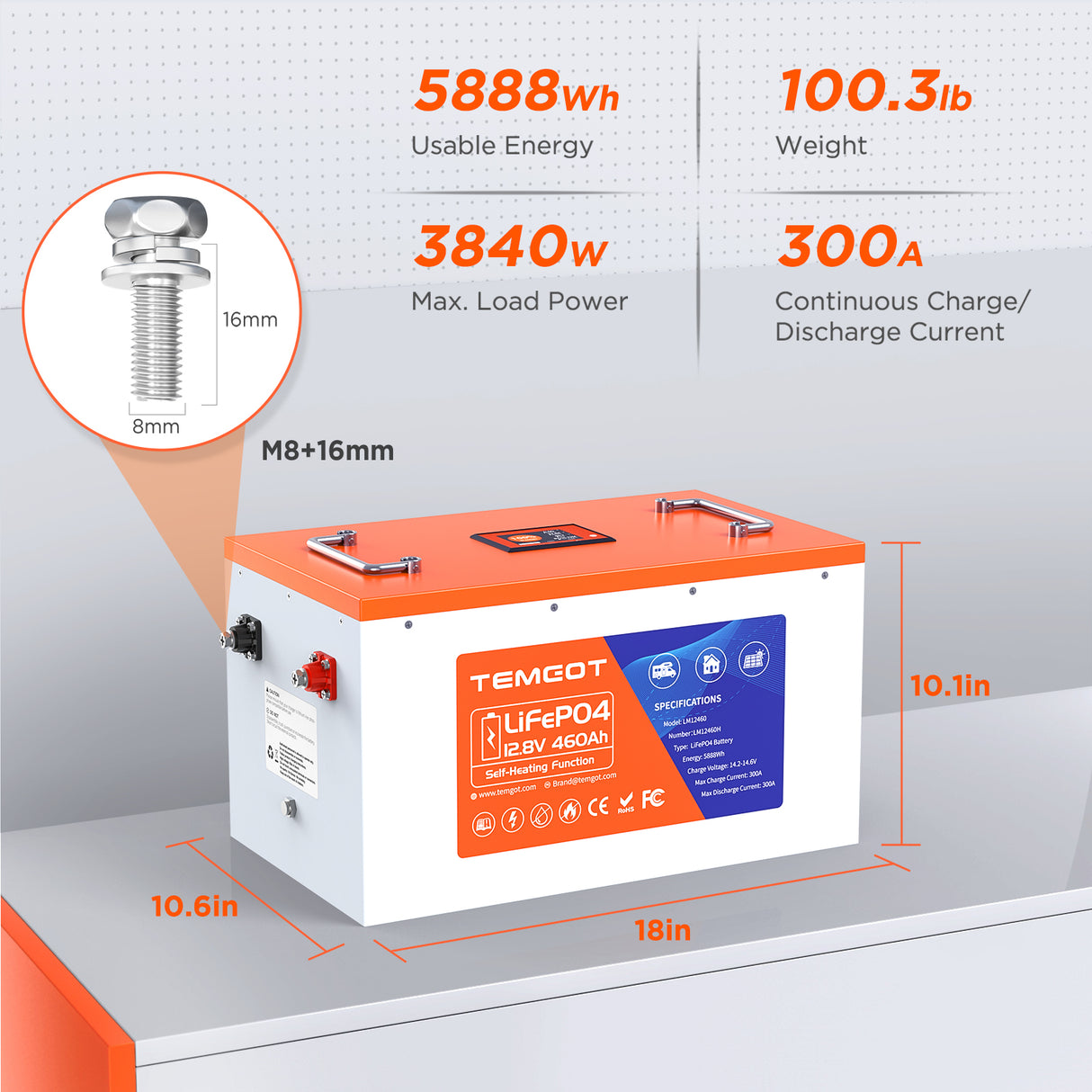 Temgo LiFePO4 12V 460Ah 5888Wh Self-Heating Battery with Touchable LCD Screen, Built-in 300A BMS & Bluetooth, 5000+ Cycles, Perfect for RVs, Yacht, Marine, Boat, UPS, Home Energy