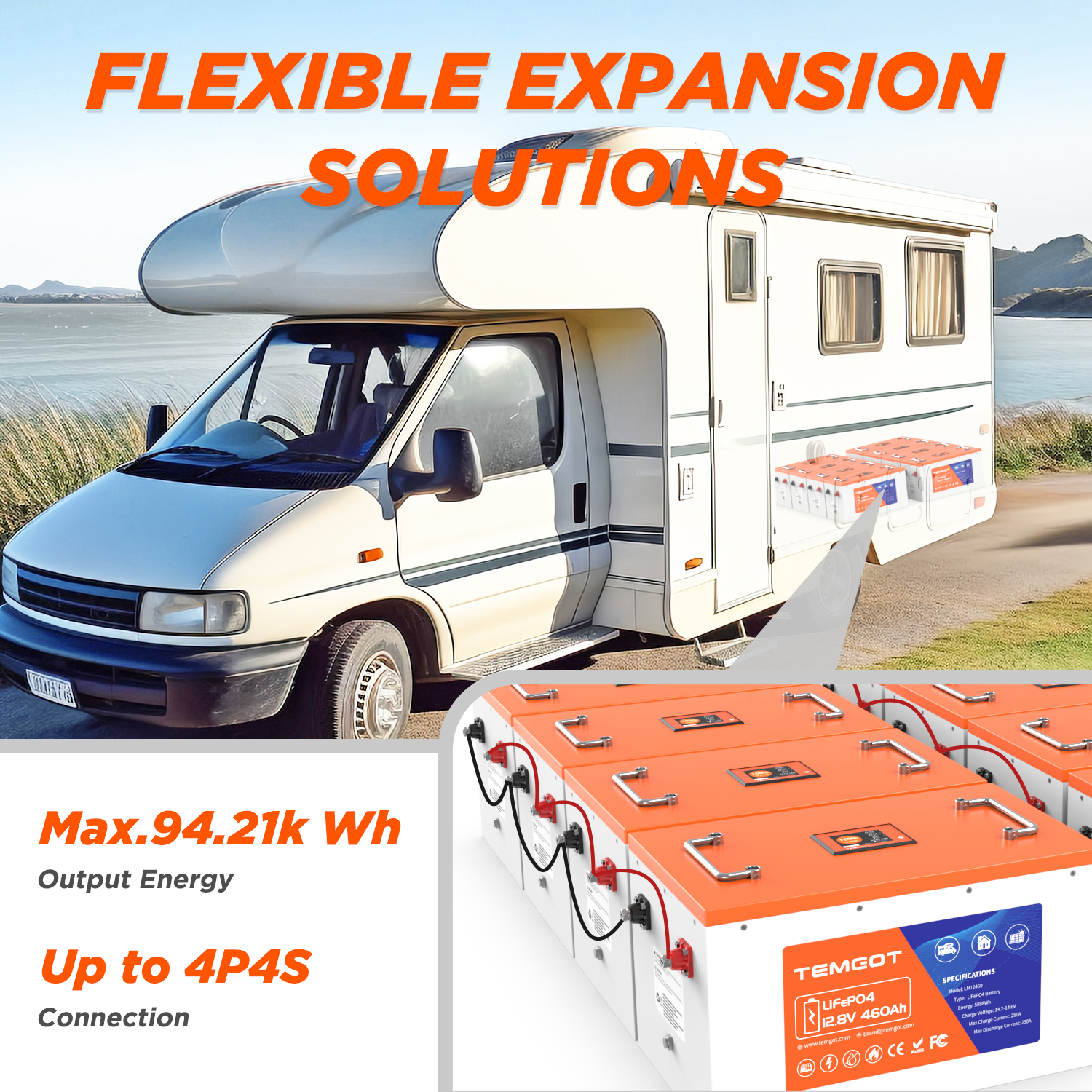 Temgot LiFePO4 12V 460Ah 5888Wh Battery with Touchable LCD Screen, Built-in 250A BMS & Bluetooth, 5000+ Cycles, Perfect for RVs, Yacht, Marine, Boat, Home Energy, Server Rack