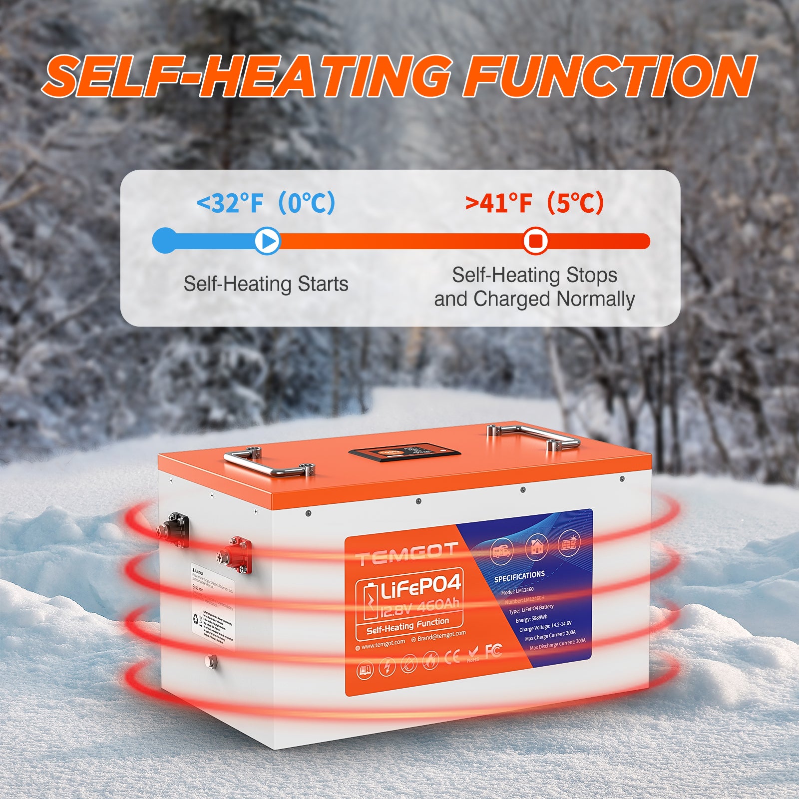 Temgot LiFePO4 12V 460Ah 5888Wh Self-Heating Battery with Touchable LCD Screen, Built-in 300A BMS & Bluetooth, 5000+ Cycles, Perfect for RVs, Yacht, Marine, Boat, UPS, Home Energy