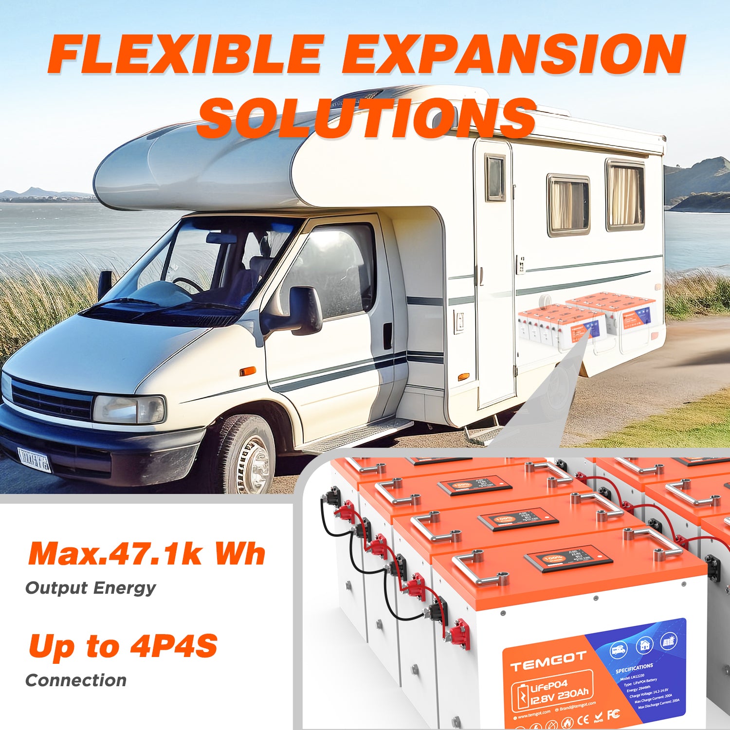 Temgot LiFePO4 12V 230Ah 2944Wh Battery with Touchable LCD Screen, Built-in 200A BMS & Bluetooth, 5000+ Cycles, Perfect for RV, Trailer, Camper, Motorhomes, Marine & Boat, Off Grid