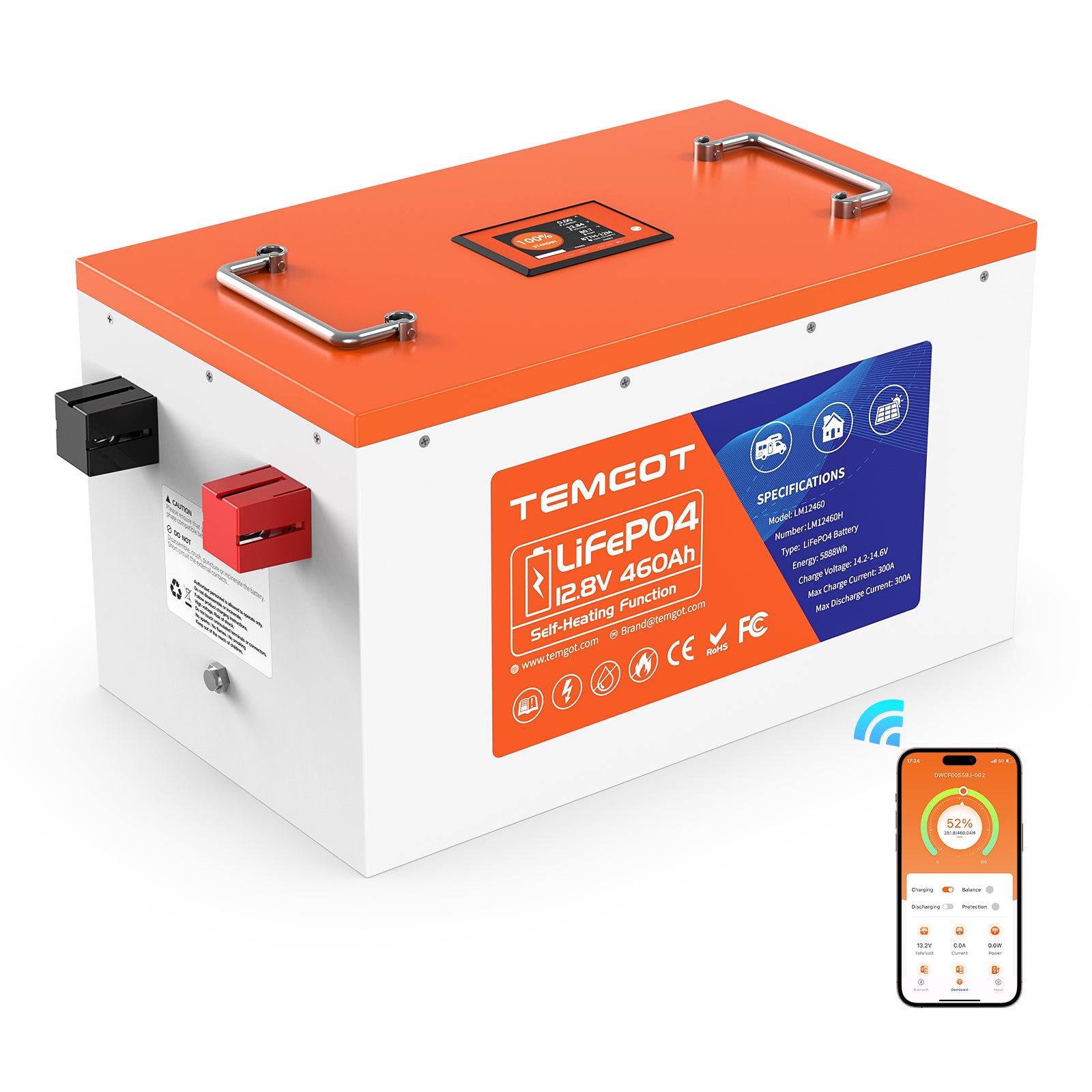 Temgot LiFePO4 12V 460Ah 5888Wh Self-Heating Battery with Touchable LCD Screen, Built-in 300A BMS & Bluetooth, 5000+ Cycles, Perfect for RVs, Yacht, Marine, Boat, UPS, Home Energy