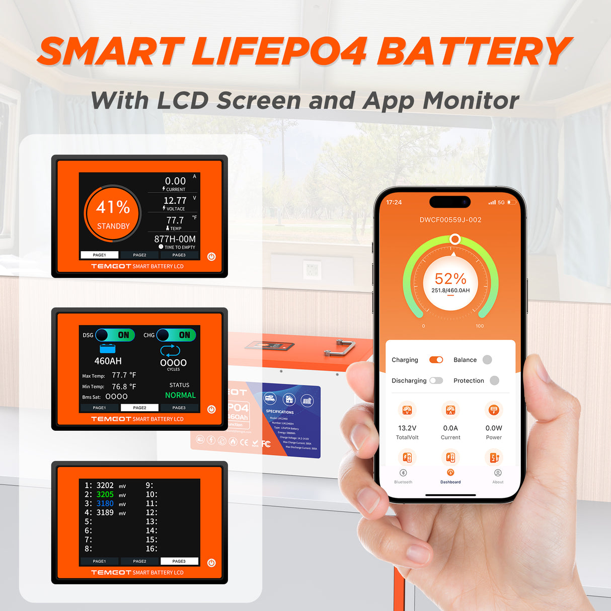 Temgo LiFePO4 12V 460Ah 5888Wh Self-Heating Battery with Touchable LCD Screen, Built-in 300A BMS & Bluetooth, 5000+ Cycles, Perfect for RVs, Yacht, Marine, Boat, UPS, Home Energy