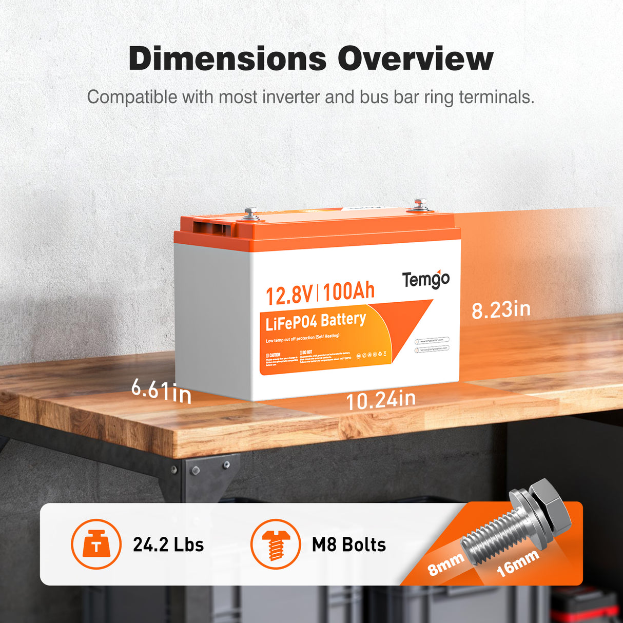 Dimensions of Temgo 12V100Ah self-heating lithium battery
