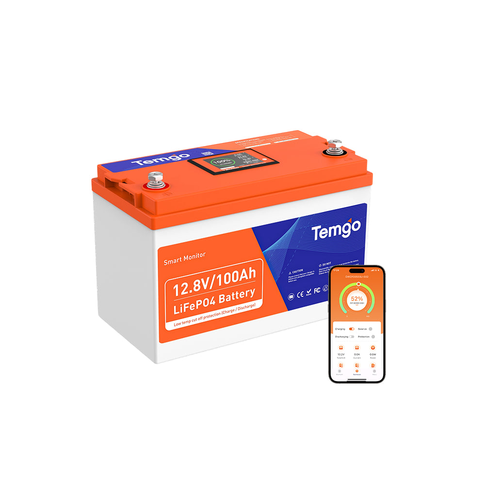 Temgo LiFePO4 12V 100Ah 1280Wh Battery with Touchable LCD Screen, Built-in 100A BMS & Bluetooth, 5000+ Cycles, Ideal for RVs & Trailers, Trolling Motors, Home Energy, UPS Backup