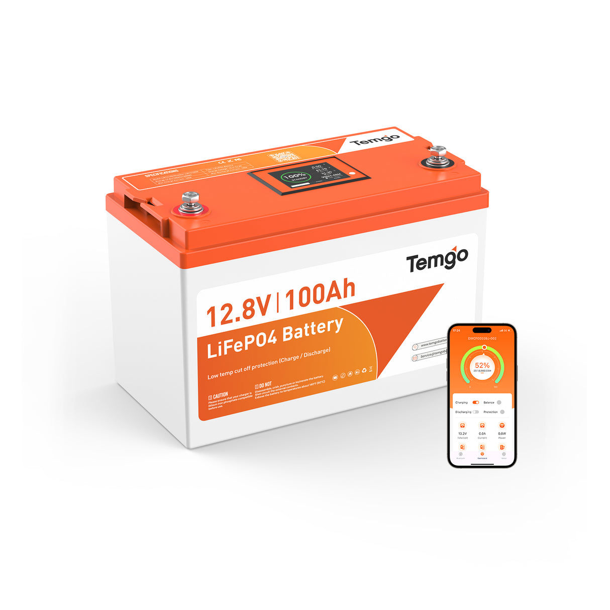 Temgo LiFePO4 12V 100Ah 1280Wh Self-Heating Battery with Touchable LCD Screen, Built-in 100A BMS & Bluetooth, 5000+ Cycles, Ideal for RVs & Campers, Marine, Solar, Off-Grid