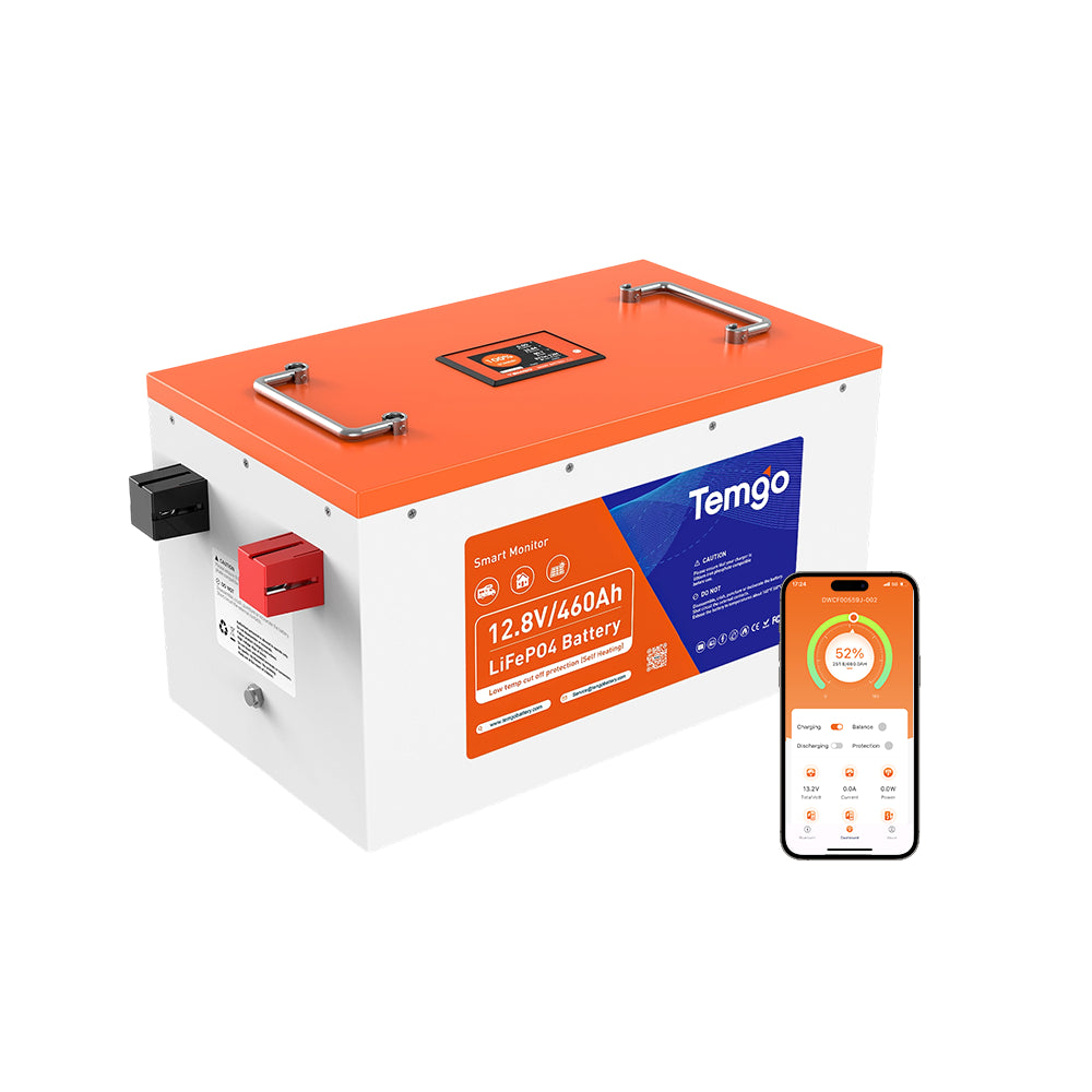 Temgo LiFePO4 12V 460Ah 5888Wh Self-Heating Battery with Touchable LCD Screen, Built-in 300A BMS & Bluetooth, 5000+ Cycles, Perfect for RVs, Yacht, Marine, Boat, UPS, Home Energy
