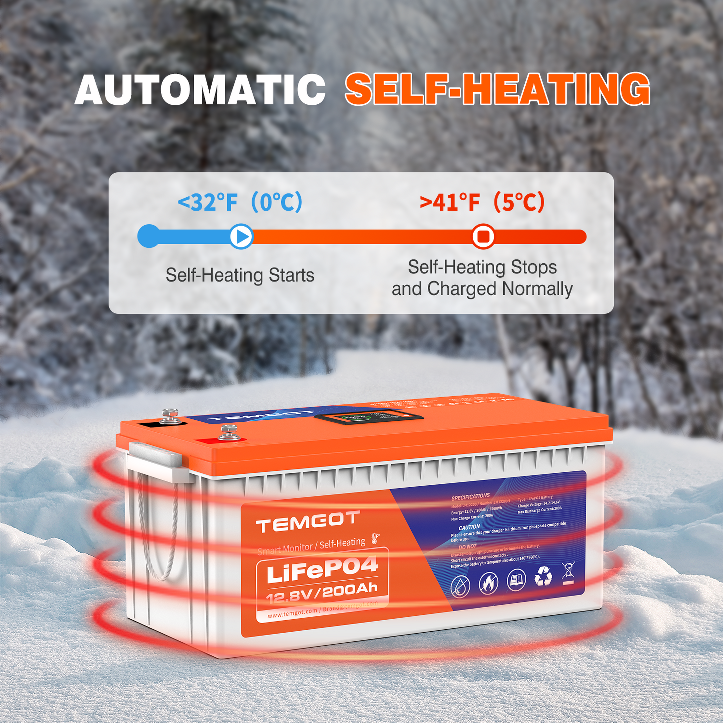 Temgot 12V 200Ah 200A BMS Heated Lithium Battery