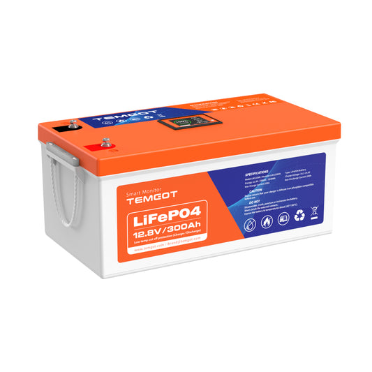 TEMGOT 12V 300AH Self-Heating LiFePO4 Lithium Battery with Touchable Smart Display & APP Monitoring, Built-in 200A BMS, 2560W Load Power, 5000+ Cycles
