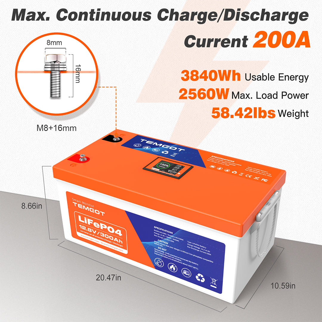 Temgot LiFePO4 12V 300Ah 3840Wh Self-Heating Battery with Touchable LCD Screen, Built-in 200A BMS & Bluetooth, 5000+ Cycles, Perfect for RVs, Motorhomes, Off Grid, Trailer & Camper