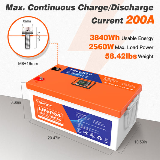 Temgot LiFePO4 12V 300Ah 3840Wh Self-Heating Battery with Touchable LCD Screen, Built-in 200A BMS & Bluetooth, 5000+ Cycles, Perfect for RVs, Motorhomes, Off Grid, Trailer & Camper