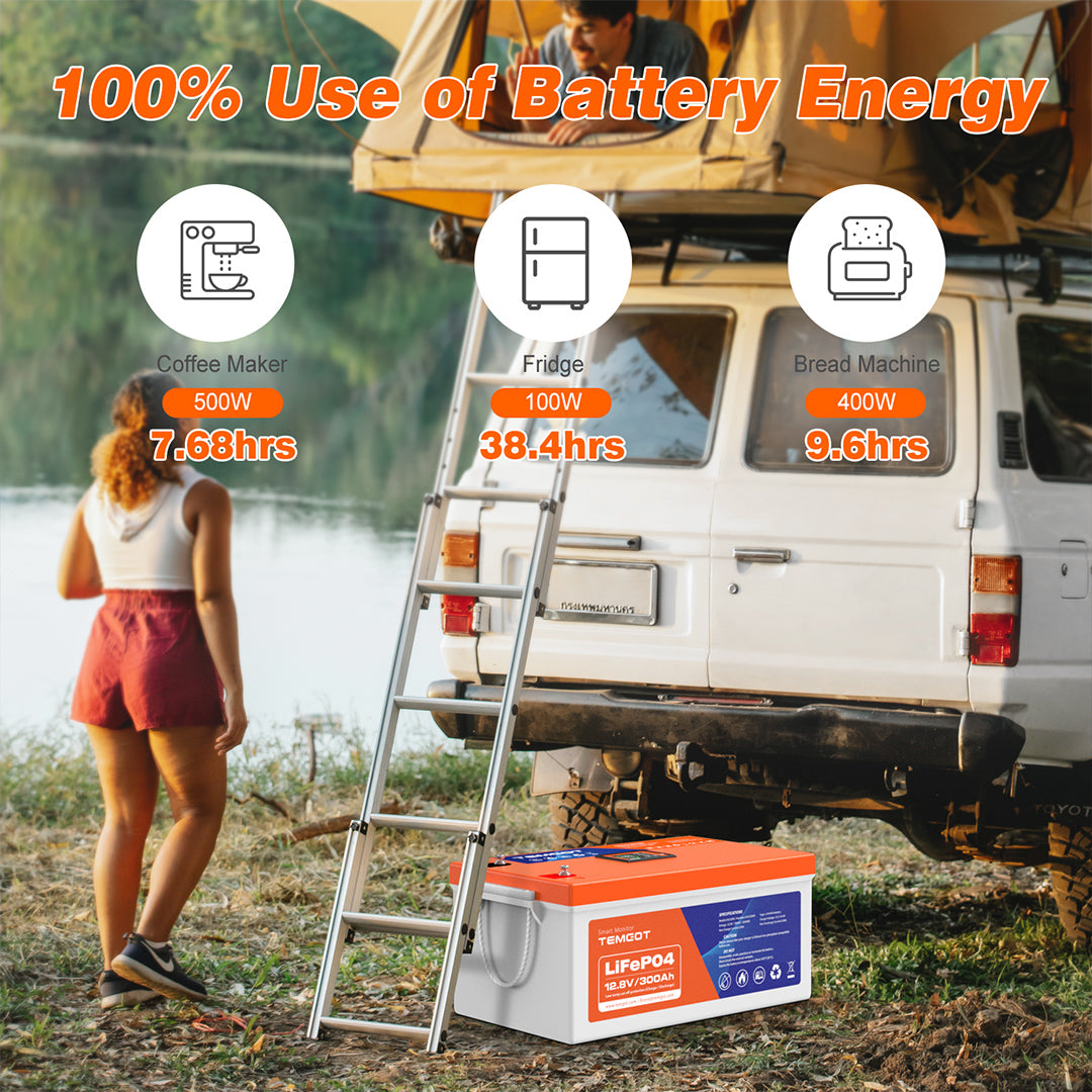Temgot LiFePO4 12V 300Ah 3840Wh Self-Heating Battery with Touchable LCD Screen, Built-in 200A BMS & Bluetooth, 5000+ Cycles, Perfect for RVs, Motorhomes, Off Grid, Trailer & Camper