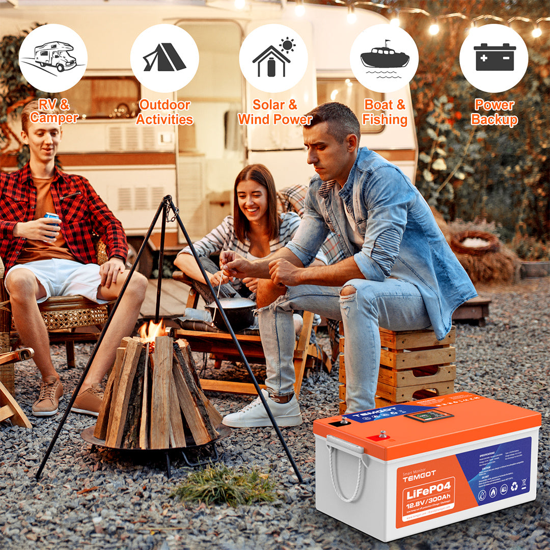 Temgot LiFePO4 12V 300Ah 3840Wh Self-Heating Battery with Touchable LCD Screen, Built-in 200A BMS & Bluetooth, 5000+ Cycles, Perfect for RVs, Motorhomes, Off Grid, Trailer & Camper