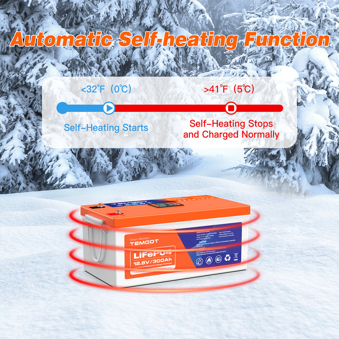 Temgot LiFePO4 12V 300Ah 3840Wh Self-Heating Battery with Touchable LCD Screen, Built-in 200A BMS & Bluetooth, 5000+ Cycles, Perfect for RVs, Motorhomes, Off Grid, Trailer & Camper