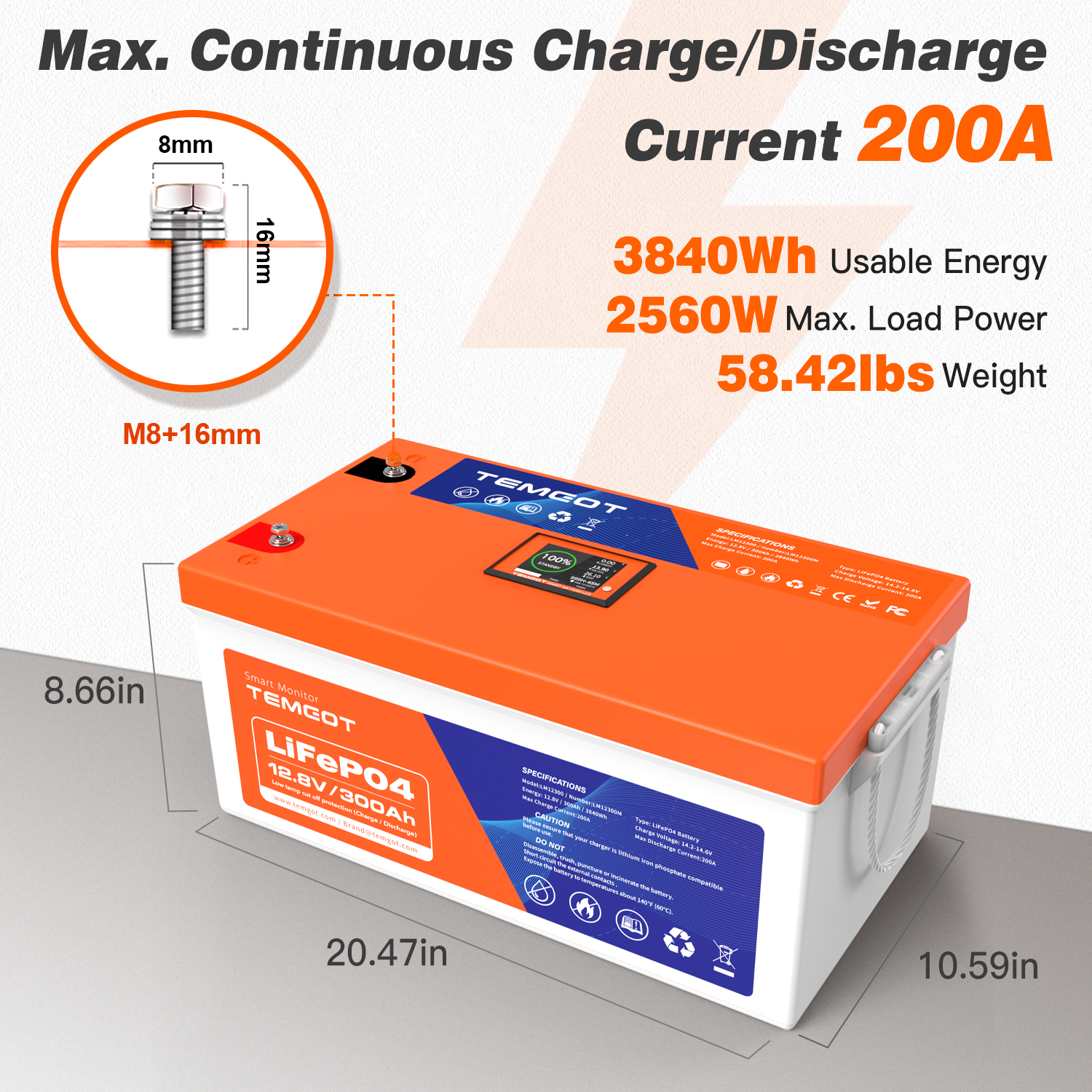 Temgot LiFePO4 12V 300Ah 3840Wh Battery with Touchable LCD Screen, Built-in 200A BMS & Bluetooth, 5000+ Cycles, Perfect for RV, Trailer, Camper, Motorhomes, Off Grid, Trolling Motor