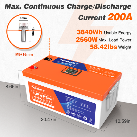 Temgot LiFePO4 12V 300Ah 3840Wh Battery with Touchable LCD Screen, Built-in 200A BMS & Bluetooth, 5000+ Cycles, Perfect for RV, Trailer, Camper, Motorhomes, Off Grid, Trolling Motor