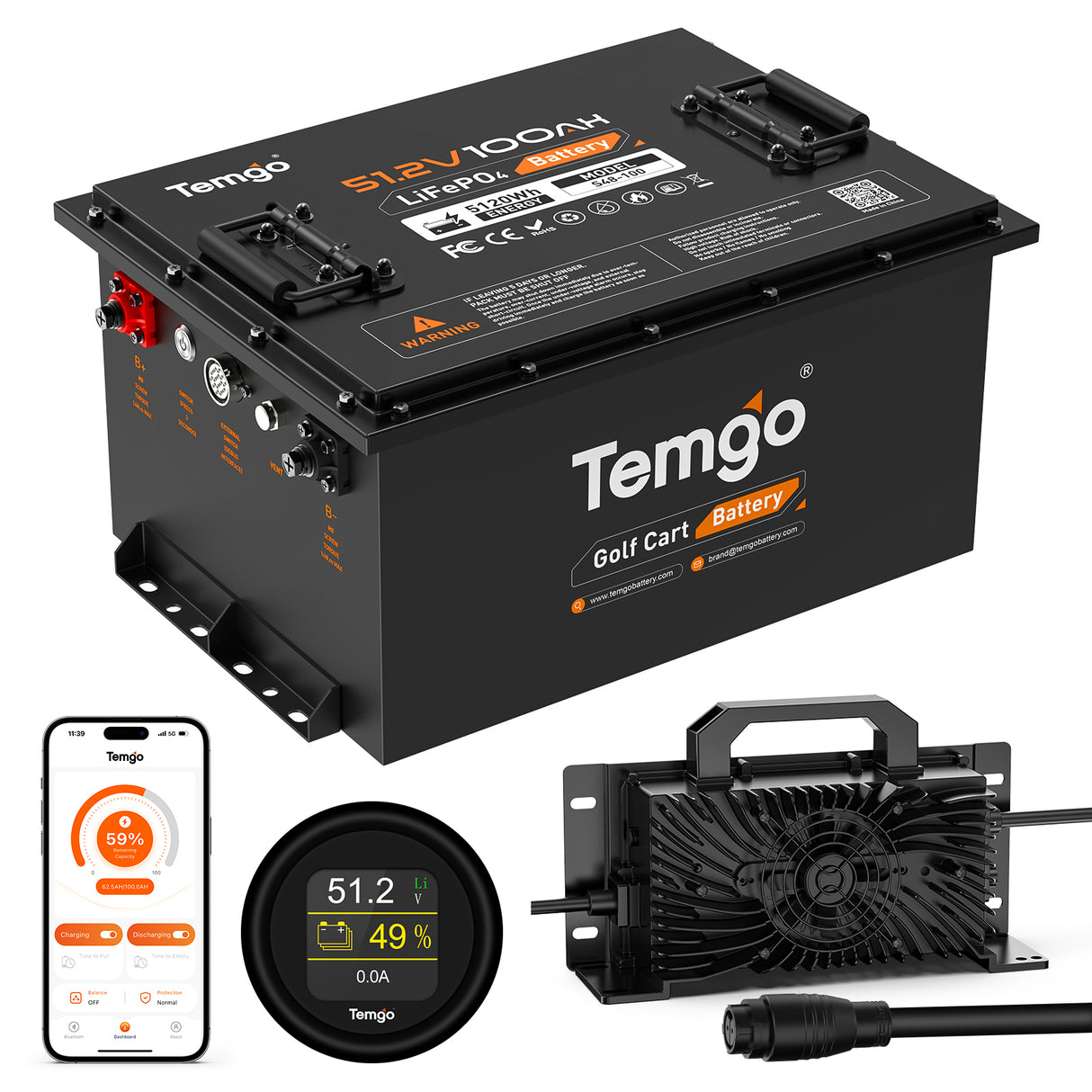 Temgo 48V 100Ah Lithium Golf Cart Battery Conversion Kit with Bluetooth APP, SPCC casing