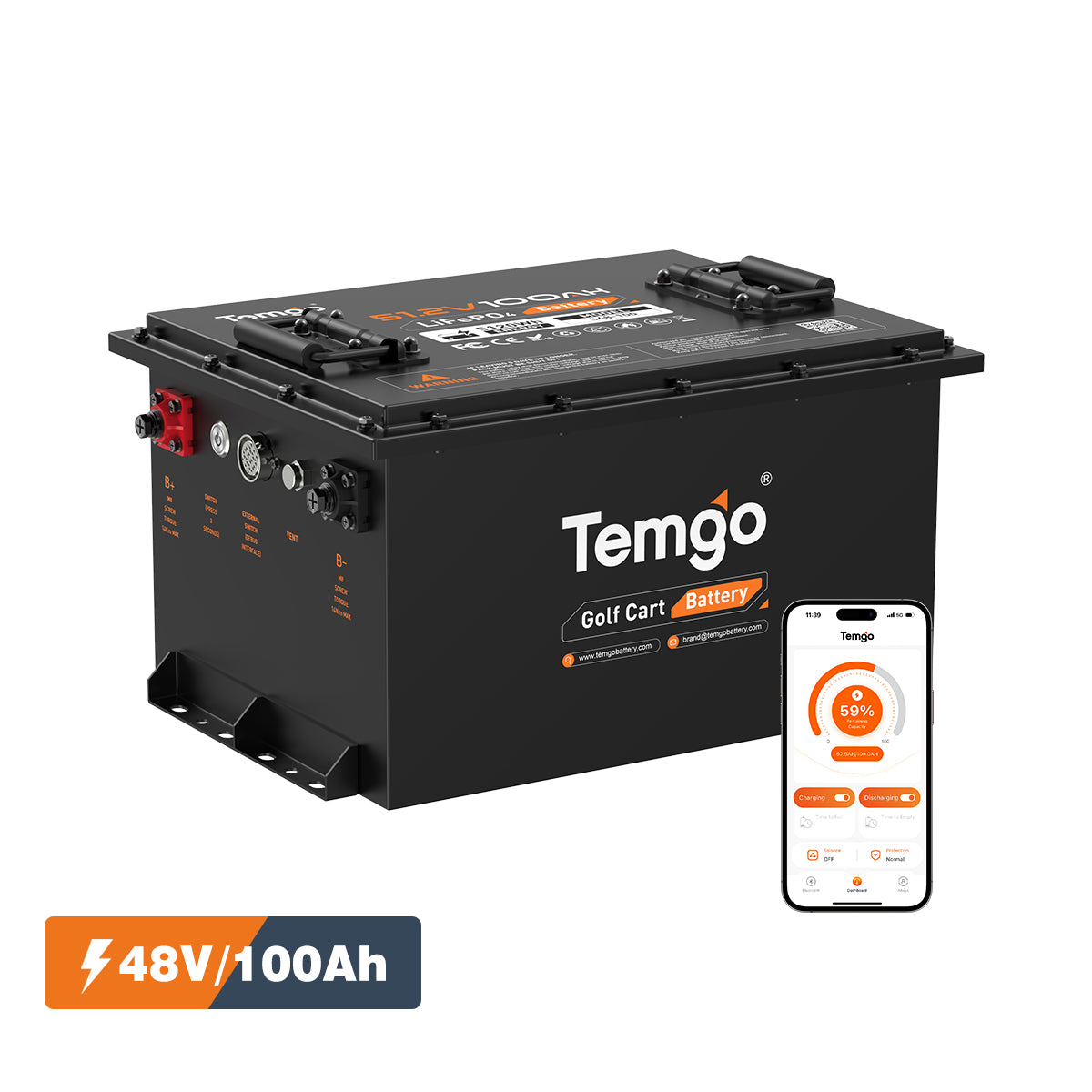 Temgo 48V 100Ah Lithium Golf Cart Battery Conversion Kit with Bluetooth APP, SPCC casing