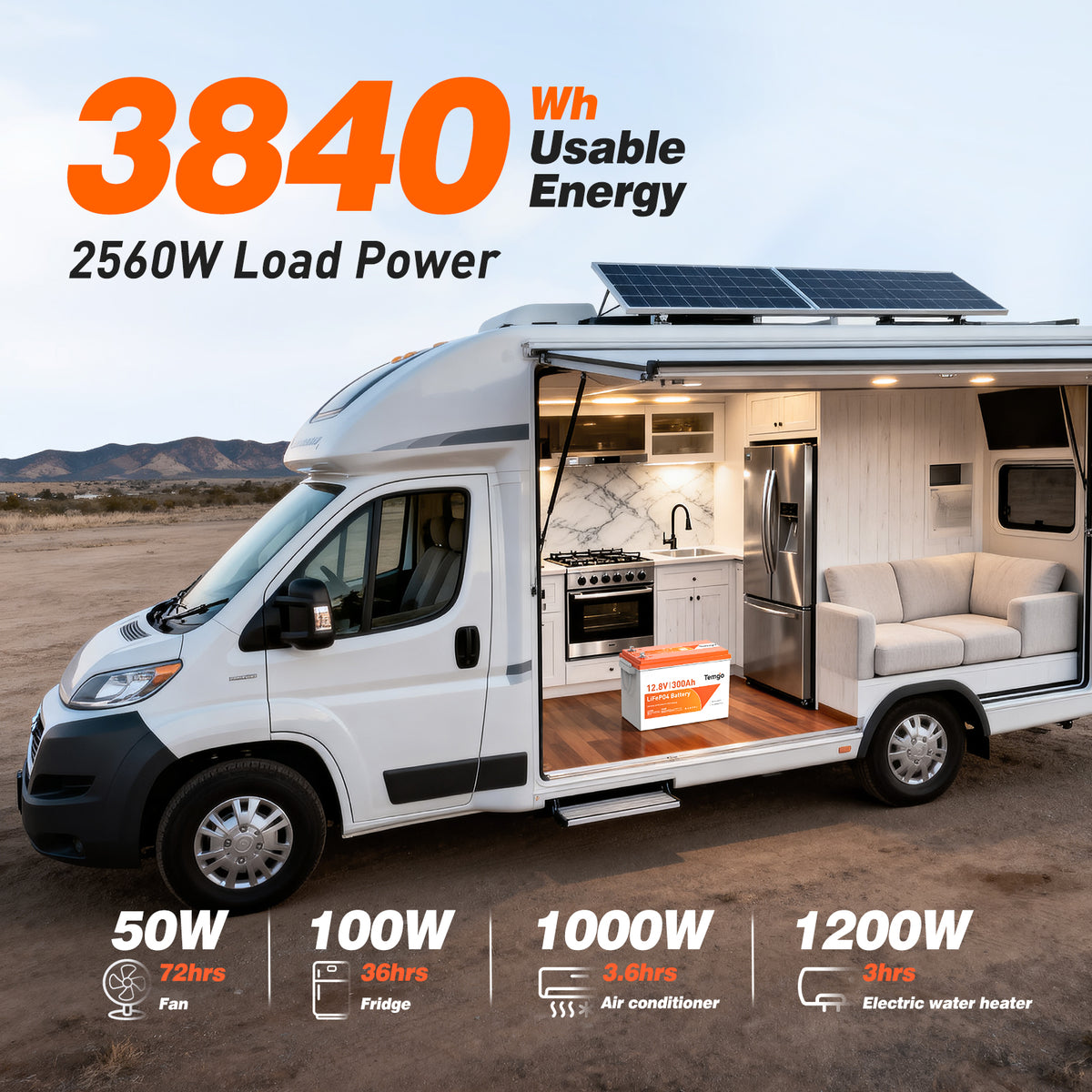 Temgo 12V 300Ah LiFePO4 battery 3840Wh capacity 2560W output