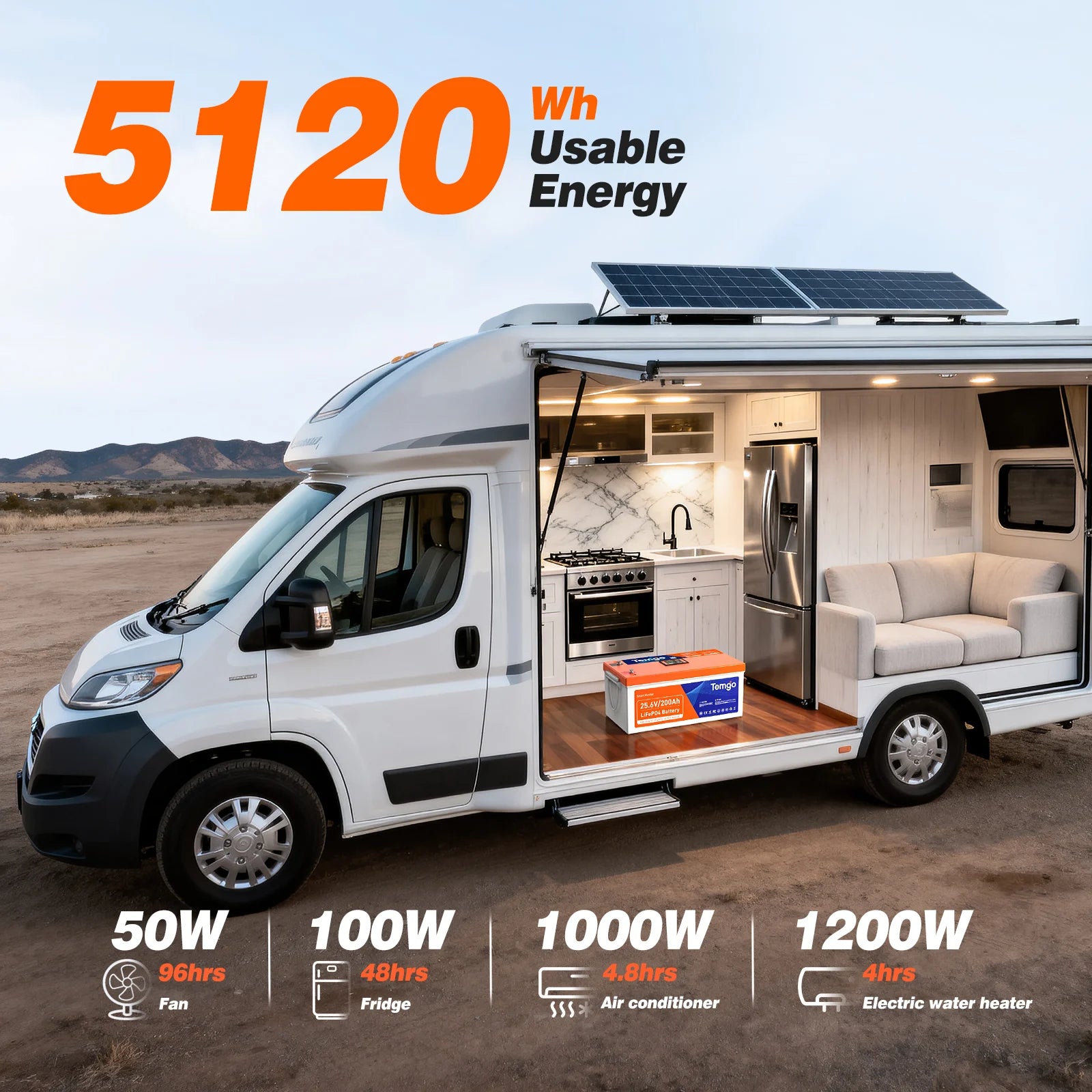 Temgo 24V 200Ah Heated Lithium Battery Self-Heating, LCD Screen Display, Bluetooth &App, Low-Temp Protection, Built-in 200A BMS, 5120Wh Energy, 5000+ Cycles for RV, Camper, Trolling Motors, Off-Grid