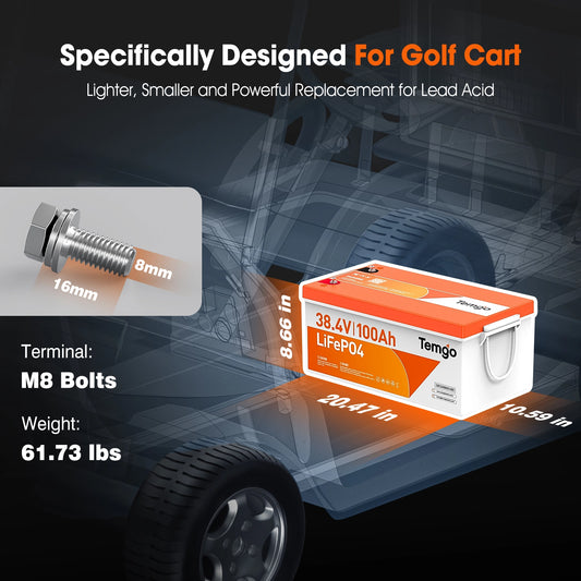 Temgo 36V 100Ah 3.84kWh Lithium Golf Cart Battery with LCD Screen Display, Built-in 200A BMS & Bluetooth, 5000+ Cycles, 12S1P